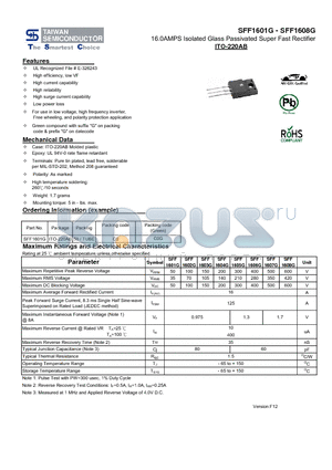 SFF1601G datasheet - 16.0AMPS Isolated Glass Passivated Super Fast Rectifier