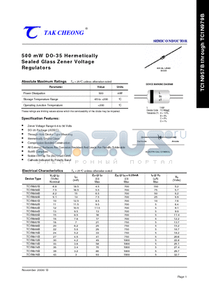 TC1N967B datasheet - 500 mW DO-35 Hermetically Sealed Glass Zener Voltage Regulators