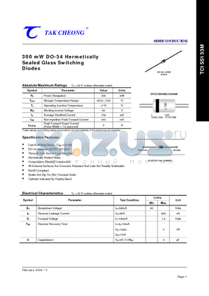 TC1SS133M datasheet - 300 mW DO-34 Hermetically Sealed Glass Switching Diodes