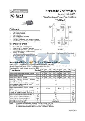 SFF2001G datasheet - Isolated 20.0 AMPS. Glass Passivated Super Fast Rectifiers