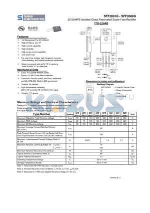 SFF2001G datasheet - 20.0AMPS Isolated Glass Passivated Super Fast Rectifier