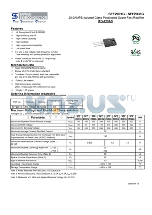 SFF2001G datasheet - 20.0AMPS Isolated Glass Passivated Super Fast Rectifier