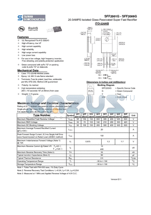 SFF2004G datasheet - 20.0AMPS Isolated Glass Passivated Super Fast Rectifier