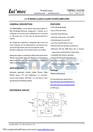 TMPA2155DM datasheet - 2.7-W MONO CLASS-D AUDIO POWER AMPLIFIER