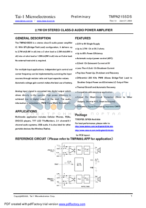 TMPA2155DS datasheet - 2.7W/CH STEREO CLASS-D AUDIO POWER AMPLIFIER