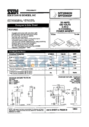 SFF20N60P datasheet - 20 AMP / 600 Volts 0.40 ohm N-Channel Power MOSFET