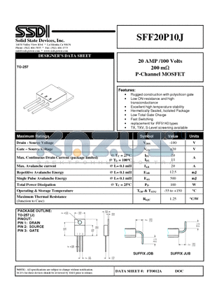 SFF20P10J datasheet - 20 AMP /100 Volts 200 mY P-Channel MOSFET