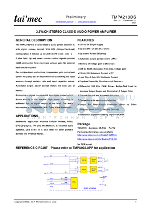 TMPA218DS datasheet - 3.5W/CH STEREO CLASS-D AUDIO POWER AMPLIFIER