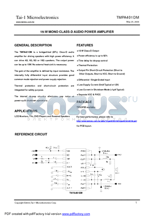 TMPA401DM datasheet - 15-W MONO CLASS-D AUDIO POWER AMPLIFIER