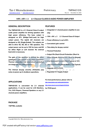 TMPA421DS datasheet - 15W  6W x2 2.1 Channel CLASS-D AUDIO POWER AMPLIFIER