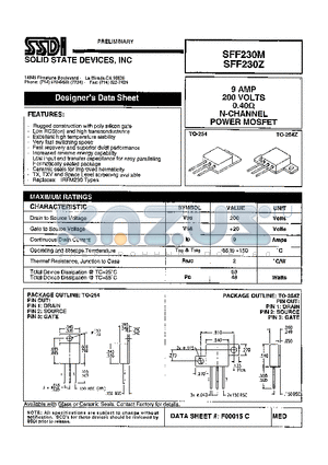 SFF230Z datasheet - 9 AMP 200 Volts 0.40OHM N-Channel POWER MOSFET