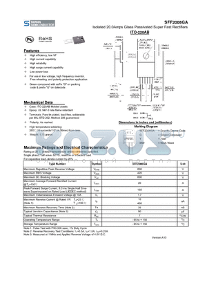 SFF2008GA datasheet - Isolated 20.0Amps Glass Passivated Super Fast Rectifiers