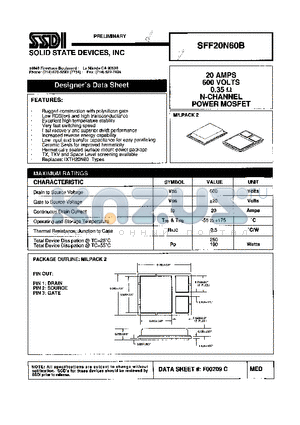SFF20N60B datasheet - 20 AMP  600 Volts 0.35 ohm N-Channel Power MOSFET