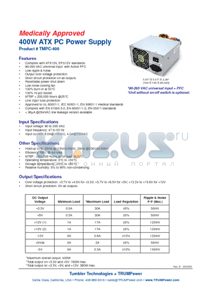 TMPC-400 datasheet - 400W ATX PC Power Supply