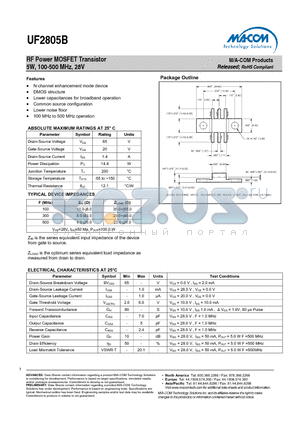 UF2805B datasheet - RF Power MOSFET Transistor 5W, 100-500 MHz, 28V