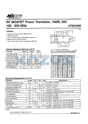 UF28100M datasheet - RF MOSFET Power Transistor, lOOW, 28V 100 - 500 MHz