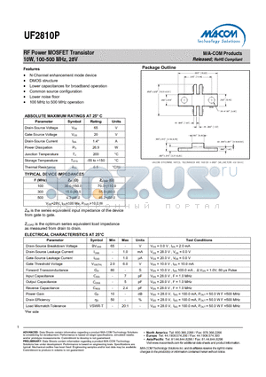 UF2810P datasheet - RF Power MOSFET Transistor 10W, 100-500 MHz, 28V