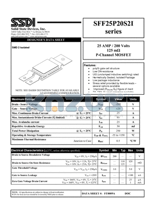 SFF25P20S2I datasheet - 25 AMP / 200 Volts 125 mY P-Channel MOSFET