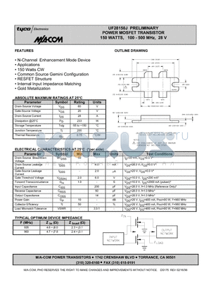 UF28150 datasheet - POWER MOSFET TRANSISTOR 150 WATTS, 100 - 500 MHz, 28 V