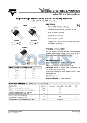 VI20100SG datasheet - High-Voltage Trench MOS Barrier Schottky Rectifier Ultra Low VF = 0.50 V at IF = 5 A