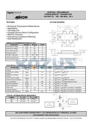 UF28150J datasheet - POWER MOSFET TRANSISTOR 150 WATTS, 100 - 500 MHz, 28 V