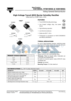 VI20100SG-E3/4W datasheet - High-Voltage Trench MOS Barrier Schottky Rectifier Ultra Low VF = 0.50 V at IF = 5 A
