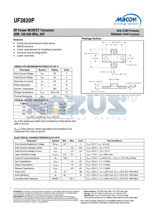 UF2820P datasheet - RF Power MOSFET Transistor 20W, 100-500 MHz, 28V
