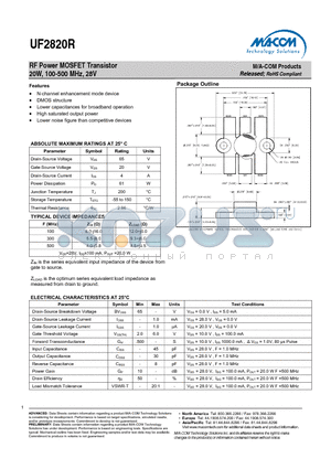 UF2820R datasheet - RF Power MOSFET Transistor 20W, 100-500 MHz, 28V