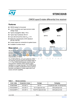 ST26C32AB datasheet - CMOS quad 3-state differential line receiver