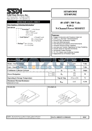 SFF40N30M datasheet - 40 AMP / 300 Volts  0.10 OHM  N-Channel Power MOSFET