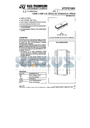 ST27C1001 datasheet - 1024K ( 128K X 8 ) CMOS UV ERASABLE PROM