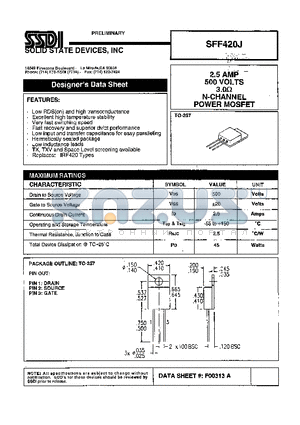 SFF420J datasheet - 2.5 AMP 500 VOLTS 3.0 ohm N-Channel Power MOSFET