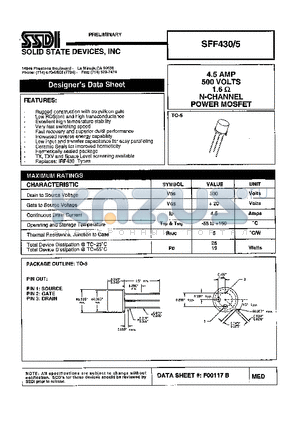 SFF430-5 datasheet - 4.5 AMP 500 Volts 1.6 OHM N-Channel POWER MOSFET