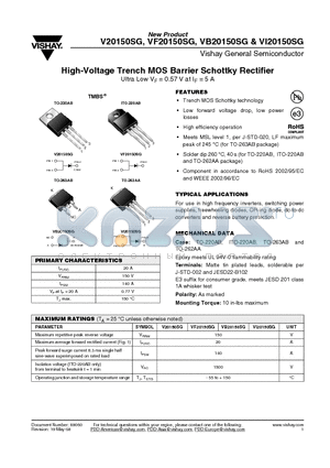 VI20150SG-E3/4W datasheet - High-Voltage Trench MOS Barrier Schottky Rectifier Ultra Low VF = 0.57 V at IF = 5 A