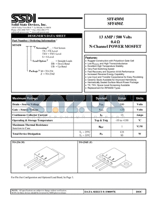 SFF450M datasheet - 13 AMP / 500 Volts  0.4 OHM N-Channel POWER MOSFET