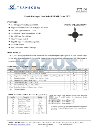 TC2101 datasheet - Plastic Packaged Low Noise PHEMT GaAs FETs