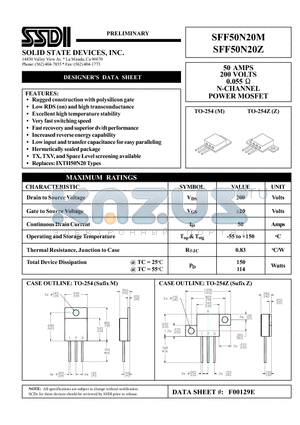SFF50N20Z datasheet - 50 AMPS 200 VOLTS 0.055 OHM N-Channel POWER MOSFET