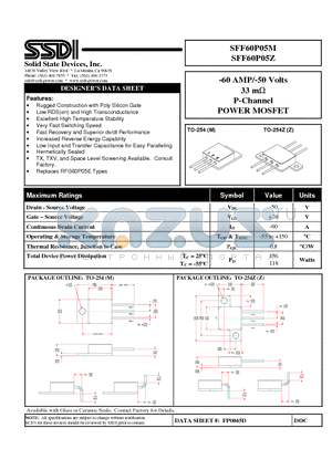 SFF60P05Z datasheet - -60 AMP/-50 Volts 33 mW P-Channel POWER MOSFET