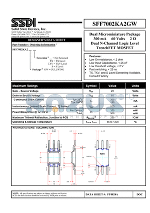 SFF7002KA2GW datasheet - Dual Microminiature Package 300 mA 60 Volts 2 Y Dual N-Channel Logic Level TrenchFET MOSFET