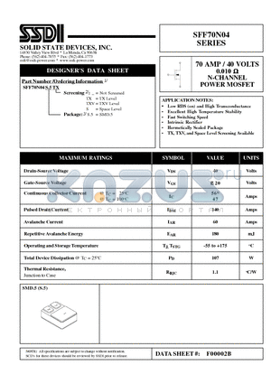 SFF70N04 datasheet - 70 AMP / 40 VOLTS  0.010 OHM N-CHANNEL POWER MOSFET