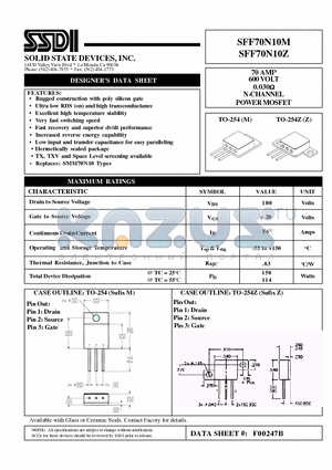 SFF70N10M datasheet - 70 AMP 600 VOLT 0.030 ohm N-Channel Power MOSFET