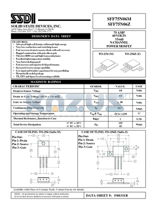 SFF75N06M datasheet - 75 AMP 60 VOLTS 15m OHM N-Channel Power MOSFET