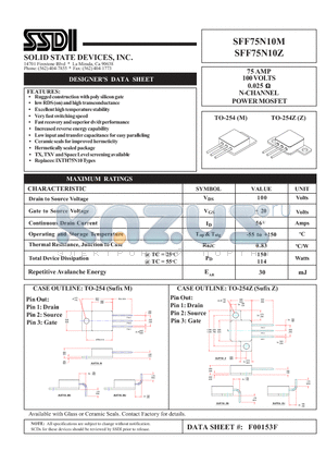 SFF75N10M datasheet - 75 AMP 100 VOLTS 0.025 OHM N-Channel POWER MOSFET