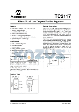 TC2117 datasheet - 800mA Fixed Low Dropout Positive Regulator