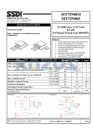 SFF75N08M datasheet - 55 AMP (note 1) /75 Volts 8.5 mO N-Channel Trench Gate MOSFET