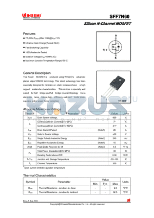 SFF7N60 datasheet - Silicon N-Channel MOSFET