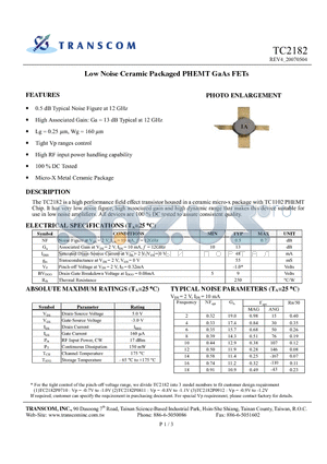 TC2182 datasheet - Low Noise Ceramic Packaged PHEMT GaAs FETs