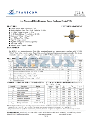 TC2181 datasheet - Low Noise and High Dynamic Range Packaged GaAs FETs