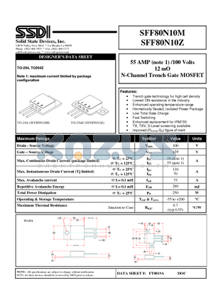 SFF80N10M datasheet - 55 AMP (note 1) /100 Volts 12 mO N-Channel Trench Gate MOSFET