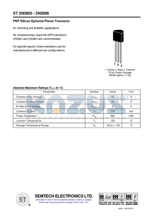 ST2N3905 datasheet - PNP Silicon Epitaxial Planar Transistor